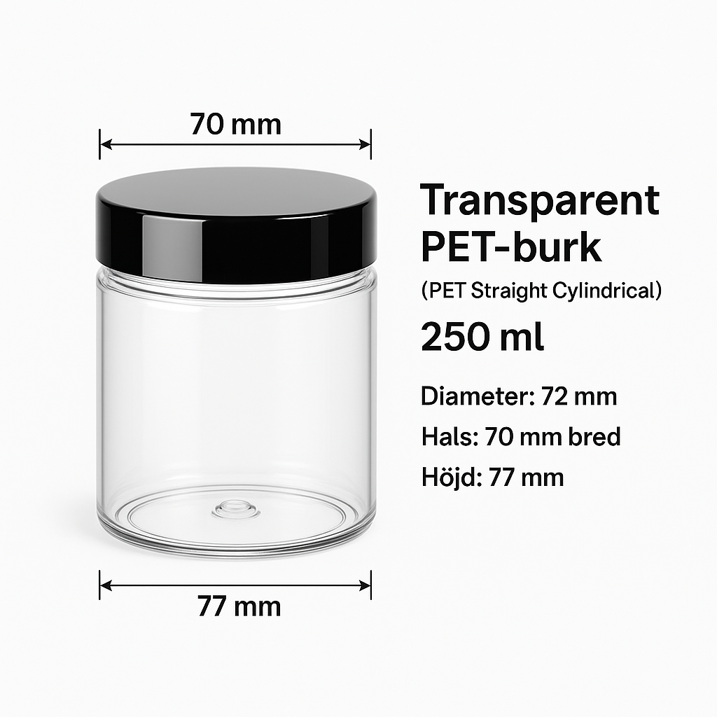 Transparent PET-burk 250 ml – Rak Cylindrisk med 70 mm Hals lelastore